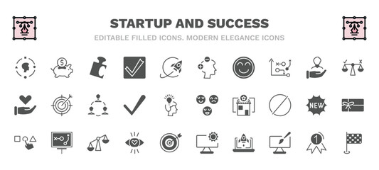 set of startup and success filled icons. startup and success glyph icons such as user experience, jigsaw, attitude, decision, team, reaction, choose, attractive, startup laptop, finish flag vector.