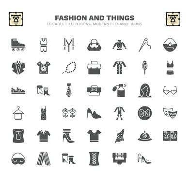 set of fashion and things filled icons. fashion and things glyph icons such as roller skater, suspenders, skein, mirrors, 1642647500394100-40.eps,,,,,, cloth towel, black and white, cloth, hakama