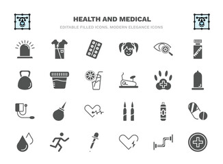 set of health and medical filled icons. health and medical glyph icons such as emergency, medical strip, optometrist, urine, veterinary, enema, punching bag, running, defibrillator, injury vector.