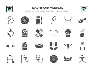 set of health and medical filled icons. health and medical glyph icons such as neurology, syrup, abs, medical result, boy, report, gynecology, saline, exercise vector.
