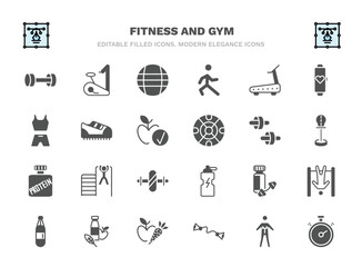set of fitness and gym filled icons. fitness and gym glyph icons such as lifting dumbbells, power ball, running treadmill, trainers, fitness wheel, tightening bar, protein shake, nutrition, exercise