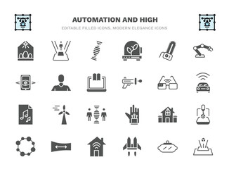 set of automation and high filled icons. automation and high glyph icons such as egg incubator, dna structure, chainsaw, avatar, smart glasses, eolic energy, residential, panoramic view, jetpack,