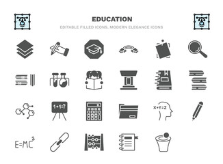 set of education filled icons. education glyph icons such as arrange, studies, sticky note, experimentation, notebook with bookmark, math class, equation, relativity formulae, abcus, spacetime