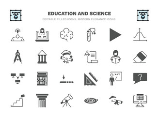 set of education and science filled icons. education and science glyph icons such as having an idea, human brain, right triangle, bank, student and books, small calculator, teach, greek pillar,
