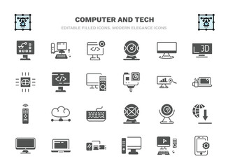 set of computer and tech filled icons. computer and tech glyph icons such as industrial, develope, computers, computing code, data analyser, cloud network, round webcam, laptop computer screen,