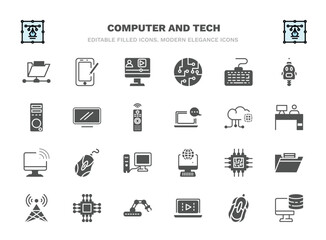 set of computer and tech filled icons. computer and tech glyph icons such as connected folder data, video lecture, keyboard with cable, monitor screen, information network, computer mouse device,