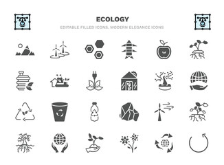 set of ecology filled icons. ecology glyph icons such as snowy mountains, eco power cells, half, eco industry, tree of love, recycle bin, wind energy, save the earth, two flowers, reload vector.