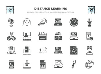 set of distance learning filled icons. distance learning glyph icons such as geography, scholarship, ask, lesson, online library, digital book, grades, online coaching, video tutorial, international