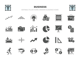 set of business filled icons. business glyph icons such as lines, round light bulb, basic burger, two folders, graphic panel, thin, maths tool, graduation ceremony, give money, graphic panel and man