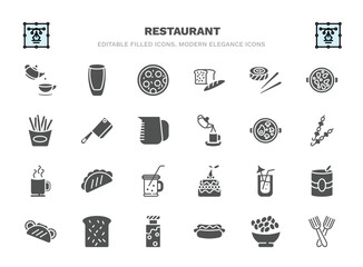 set of restaurant filled icons. restaurant glyph icons such as tea, pepperoni pizza, sushi piece, butcher knife, combine meal, mexican food, lemonade with straw, toasted bread, hot dog with ketchup,
