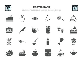set of restaurant filled icons. restaurant glyph icons such as cut cake piece, bakery croissant, restaurant fried egg, big knife, strawberry drawing, strainer with handle, fried chicken thighs,