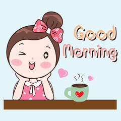 Vector Illustrator Cute Girl with Coffee Cup on the Blue Background.