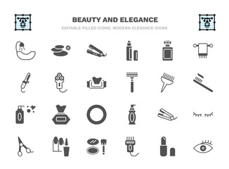 set of beauty and elegance filled icons. beauty and elegance glyph icons such as hair washer sink, flat iron, french perfume, electric shaver, tint brush, wipes, hair straightener, manicure, hair