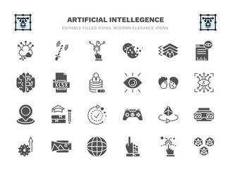 set of artificial intellegence filled icons. artificial intellegence glyph icons such as big data, interactivity, depth perception, xlsx, turing test, teaching, 3d, panorama, bionic, hexagons