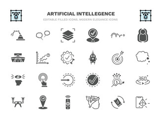 set of artificial intellegence filled icons. artificial intellegence glyph icons such as mechanical arm, layers, motion, prediction, goals, touch screen, value, ip, intelligence, ar vector.