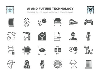set of ai and future technology filled icons. ai and future technology glyph icons such as mobile flexible display, unsupervised learning, train, sensorama, shop assistant, cpu, processing, personal
