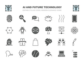 set of ai and future technology filled icons. ai and future technology glyph icons such as biometrics, speech, road, robots, servers, motorway, flyboard, future brain, robot assistant, data mining