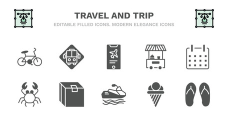 set of travel and trip filled icons. travel and trip glyph icons such as bus stop, online booking, food stand, date, crab, crab, packing, water craft, icecream, flip flop vector.