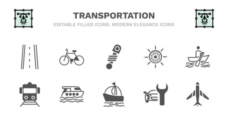 set of transportation filled icons. transportation glyph icons such as bicycle side view, shock breaker, ship wheel, boating, train front view, train front view, luxury yacht, sailing boat with