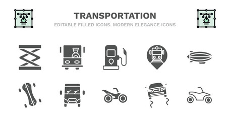 set of transportation filled icons. transportation glyph icons such as bus front with driver, petrol station, tram stop, blimp, longboard, longboard, van front view, motorbike, slippy road, quad