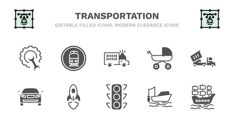 set of transportation filled icons. transportation glyph icons such as tram stop label, prison bus, pram, heavy vehicle, auto, auto, space rocket launch, car traffic, fishing boat, galleon vector.
