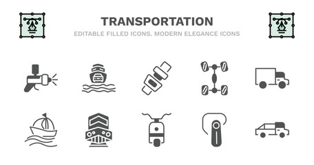 set of transportation filled icons. transportation glyph icons such as ferry carrying cars, seatbelt, chassis, trucking, sailing, sailing, diesel train, scooter bike, hands free device, midget car