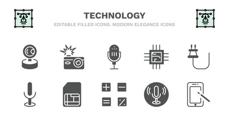 set of technology filled icons. technology glyph icons such as camera flash, radio microphone, big chip, basic plug, basic microphone, basic microphone, big, mathematical operations, recording,