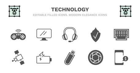 set of technology filled icons. technology glyph icons such as simple screen, big headphones, safe shield protection, telephone connector, satellite in orbit, satellite in orbit, battery power,