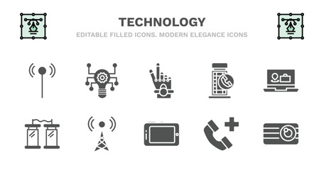 set of technology filled icons. technology glyph icons such as technology, robotic hand, phone box, holidays, teletransportation, teletransportation, cell tower, horizontal tablet, add call, retro
