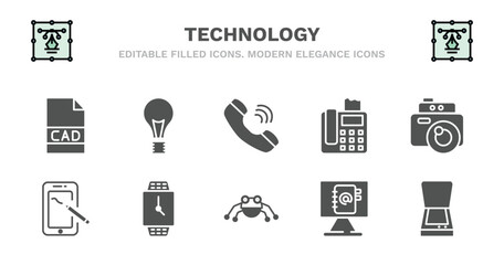 set of technology filled icons. technology glyph icons such as light bulb turned off, telephone receiver, telephone with fax, vintage digital camera, drawing tablet, drawing tablet, smart watch, - obrazy, fototapety, plakaty