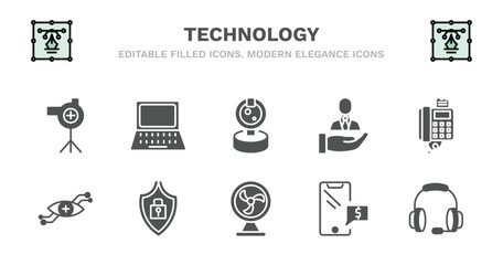 set of technology filled icons. technology glyph icons such as open laptop, front webcam, client, telephone with fax, contact lens, contact lens, safe shield protection, ventilator, receive money