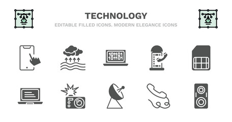set of technology filled icons. technology glyph icons such as evaporation, digitate, phone box, big, laptop frontal monitor, laptop frontal monitor, camera flash, satellite station, phone with