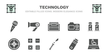 set of technology filled icons. technology glyph icons such as hairdressing tools, telephone connector, naensor, teletransportation, basic compass, basic compass, mathematical operations, electronic