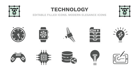 set of technology filled icons. technology glyph icons such as smart watch, satellite in orbit, photocopier, light on, wireless gadget, wireless gadget, big chip, circular database, old light bulb,