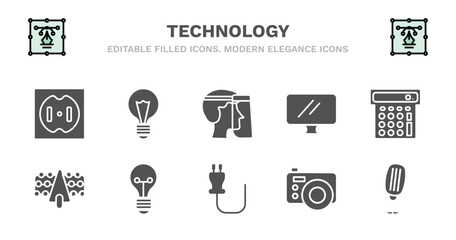 set of technology filled icons. technology glyph icons such as big light bulb, face shield, simple screen, basic calculator, solar plane, solar plane, light bulb turned off, basic plug, retro