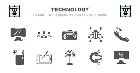 set of technology filled icons. technology glyph icons such as customers, antique gamepad, robot insect, telephone receiver, domestic, domestic, digital pen, antenna, technology, email agenda
