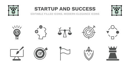 set of startup and success filled icons. startup and success glyph icons such as attitude, decision, purpose, adaptation, web de, web de, mission, success flag, startup shield, rook vector.