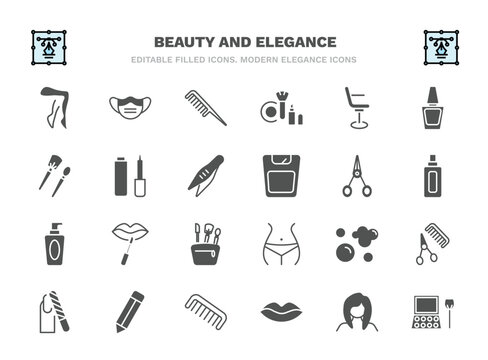 set of beauty and elegance filled icons. beauty and elegance glyph icons such as legs, inclined comb, beauty salon chair, eyeliner, manicure scissors, lip gloss, foam, pencils, lips, eye shadow