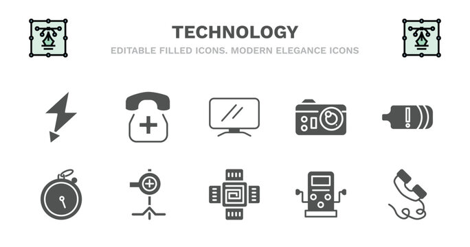 set of technology filled icons. technology glyph icons such as hospital phone, lcd screen, photograph camera, battery with two bars, stopwatch running, stopwatch running, pitching hine, naensor,