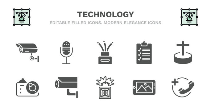 set of technology filled icons. technology glyph icons such as radio microphone, tinsel, summary, cross stuck in ground, photograph camera, photograph camera, security cam, electric socket on fire,