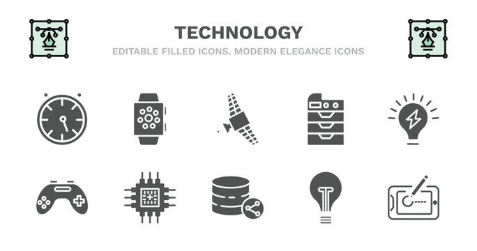 set of technology filled icons. technology glyph icons such as smart watch, satellite in orbit, photocopier, light on, wireless gadget, wireless gadget, big chip, circular database, old light bulb,