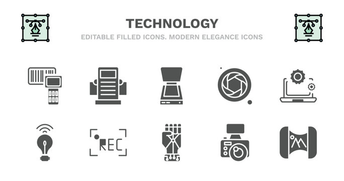 set of technology filled icons. technology glyph icons such as dialysis, scanner with cover, camera shutter, services, wireless lighting, wireless lighting, recording, robotic hand, vintage digital