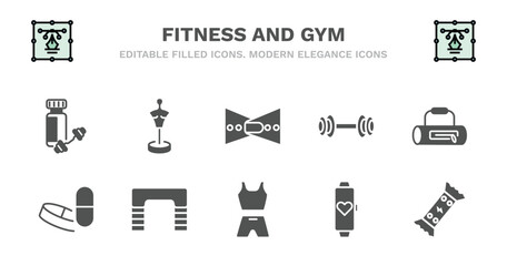 set of fitness and gym filled icons. fitness and gym glyph icons such as boxing mannequin, lumbar belt, exercising dumbbell, gym bag, pill and tablet, pill tablet, fitness step, sport wear, tracker,