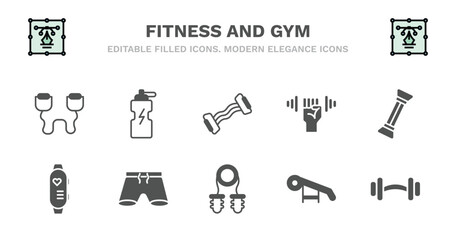 set of fitness and gym filled icons. fitness and gym glyph icons such as fitness drink, resistance, dumbbells exercise, arms extender, sport watch, sport watch, shorts, sport expander, press