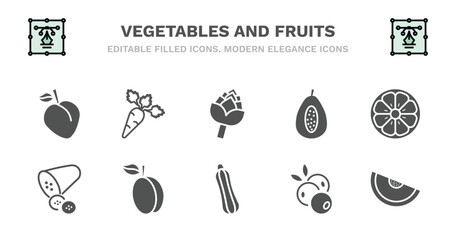 set of vegetables and fruits filled icons. vegetables and fruits glyph icons such as carrot, artichoke, papaya, orange, cucumber, cucumber, apricot, courgette, blueberry, melon vector.