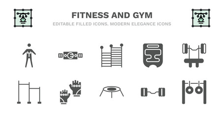 set of fitness and gym filled icons. fitness and gym glyph icons such as fitness belt, gym ladder, headgear, barbell bench press, horizontal bar, horizontal bar, gloves, trampoline, lifting barbell,