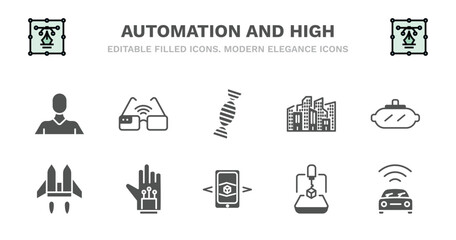 set of automation and high filled icons. automation and high glyph icons such as smart glasses, dna structure, cityscape, vr glasses, jetpack, jetpack, wired gloves, augmented reality, 3d printer,