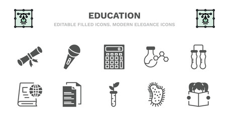 set of education filled icons. education glyph icons such as microphone with stand, school calculator, chemical content, communicating vessels, international studies, international studies, folded