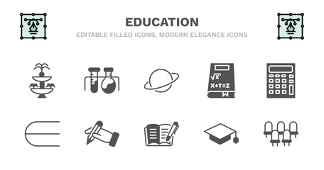 set of education filled icons. education glyph icons such as experimentation, planet saturn, math book, adding hine, is an element of, is an element of, write by hand, book with marker, graduation