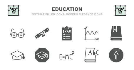 set of education filled icons. education glyph icons such as graduation diploma, exams, sinusoid, book with bookmark, graduate cap, graduate cap, studies, relativity formulae, 3d dictionary, top